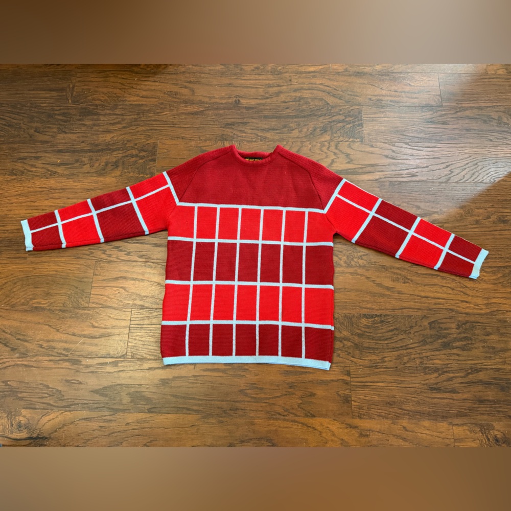 Vintage Demeter Red and light Blue Wool Sweater Large. Unisex.